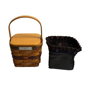 VTG 1993 Longaberger Inaugural Basket Handwoven Brown Wood Lid Star Fabric Liner